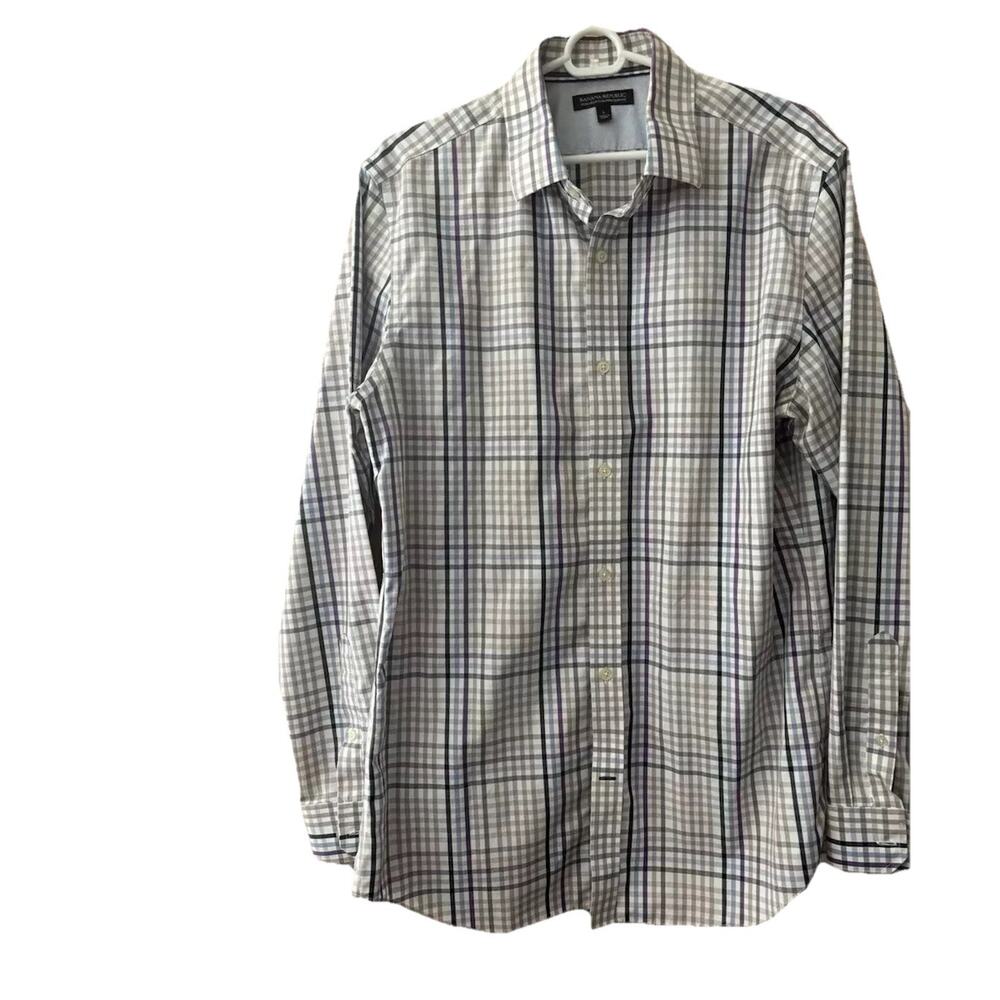 Banana Republic Men’s Large Button Down Shirt White Purple Blue Plaid Preppy